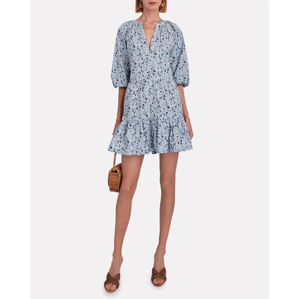 Apiece Apart Blue Mitte Floral Poplin‎ Button Front Mini Dress Size XS